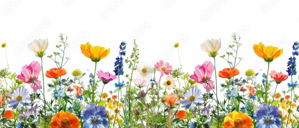 A colorful field of flowers with a white background A colorful field of flowers with a white background