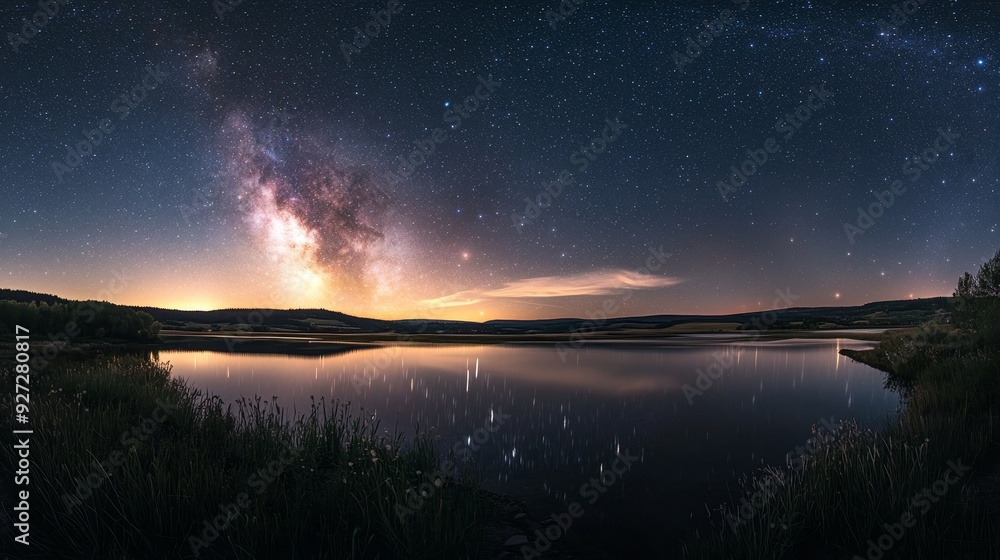 A wide-angle lens photographing stars in a dark location, highlighting the calm and serene night sky A wide-angle lens photographing stars in a dark location, highlighting the calm and serene night sky
