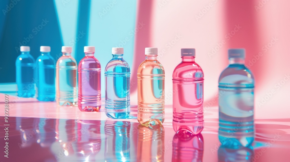 A row of water bottles with different colors, including blue, pink, and green A row of water bottles with different colors, including blue, pink, and green