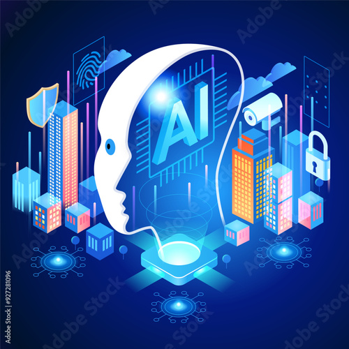 Artificial intelligence tool for data analysis. AI technology for charts and marketing strategy. Training for AI engineers. Using AI. Security and Innovative AI. Isometric design