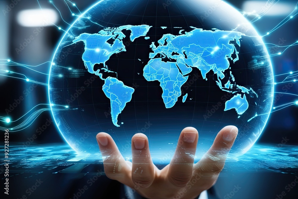 Blue Hologram Globe with World Map and Glowing Data Streams for Interactive Global Communication Networks