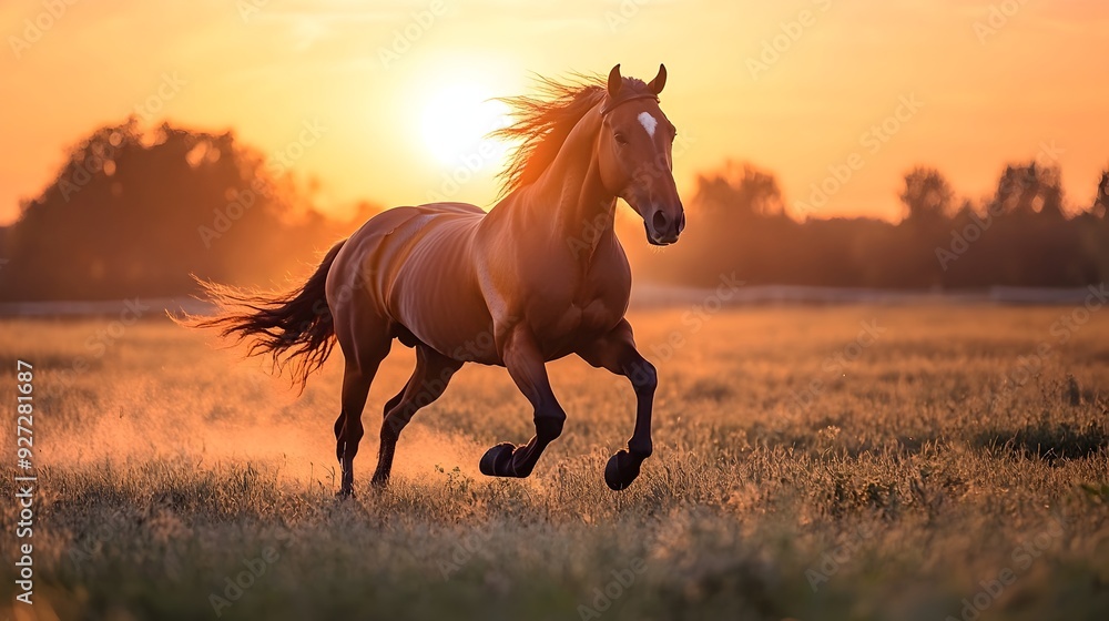 Fototapeta premium Majestic Horse Galloping in Glowing Golden Sunrise Landscape