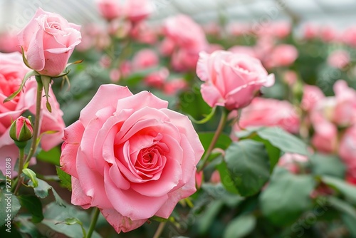 A vibrant display of pink roses in a greenhouse setting, showcasing their beauty and natural elegance.