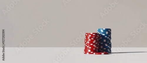 A pile of red and blue poker chips on a table