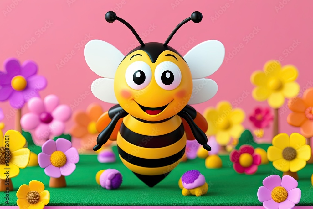Vibrant 3D Cartoon Honey Bee Illustration in a Colorful Scene Vibrant 3D Cartoon Honey Bee Illustration in a Colorful Scene