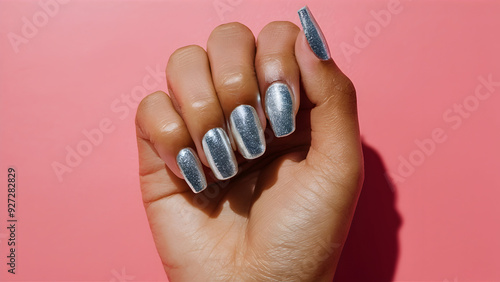Glittery silver nail polish on long nails