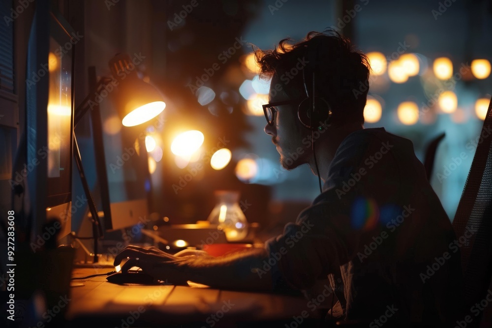 Man Working Late on Computer in a Dark Room Man Working Late on Computer in a Dark Room