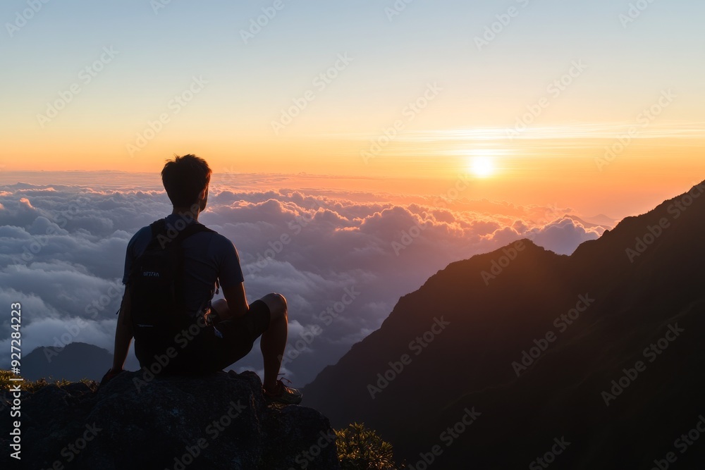Obraz premium Man on Mountaintop at Sunset