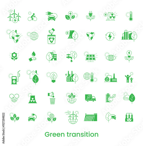 Set icons. Alternative clean energy. Transition to environmentally friendly world concept.  Ecology infographic. Green power production. Transition to renewable alternative energy.