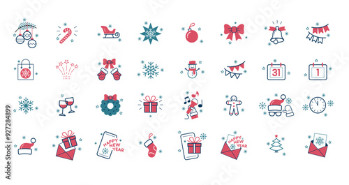 Vector Christmas and new year icon set. A collection of various scenes and situations on the theme of the New Year holidays. Illustration set.