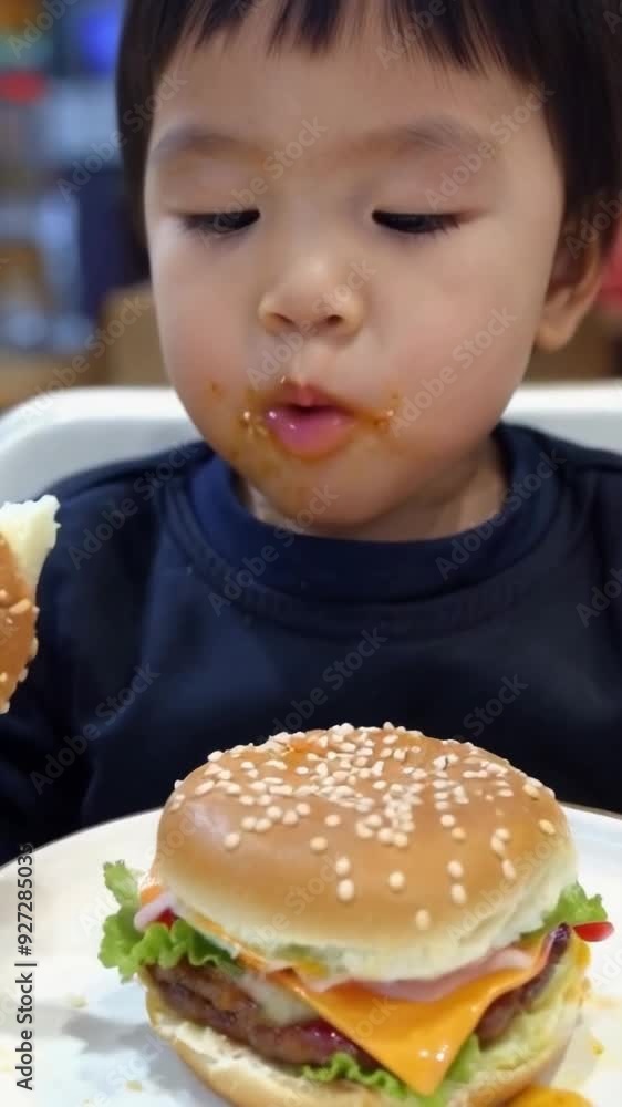 Cute Asian boy eating a hamburger in the food court of a shopping mall.