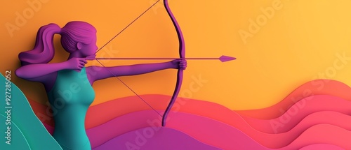 A vibrant illustration of a female archer poised to shoot, showcasing strength and focus against a colorful background. photo