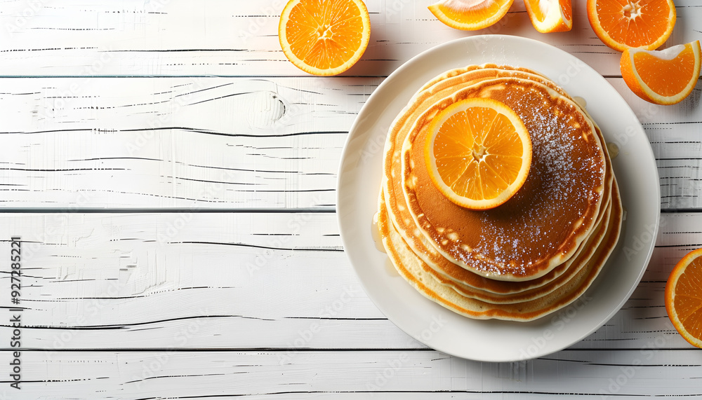 Tasty pancakes with orange slices on plate Tasty pancakes with orange slices on plate