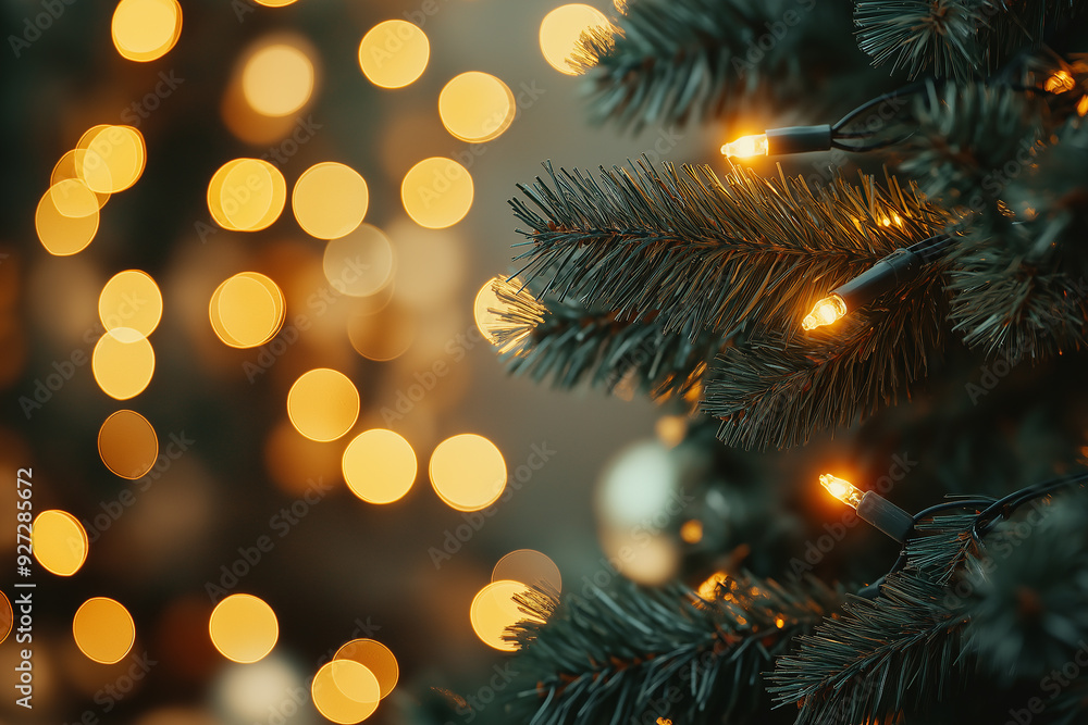 Christmas tree branch decorated with warm glowing lights. The blurred background adds a festive, cozy atmosphere to the holiday scene. Christmas tree branch decorated with warm glowing lights. The blurred background adds a festive, cozy atmosphere to the holiday scene.