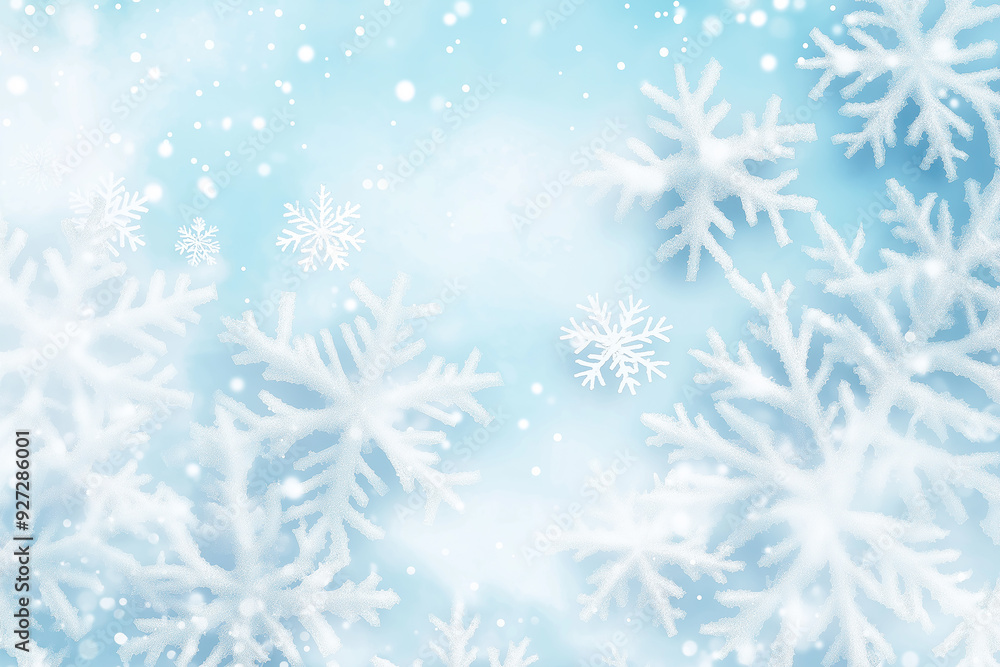 Frosted white snowflakes delicately placed on a cool blue background, capturing the essence of winter with a serene and tranquil atmosphere. Copy space available for seasonal messages. Frosted white snowflakes delicately placed on a cool blue background, capturing the essence of winter with a serene and tranquil atmosphere. Copy space available for seasonal messages.