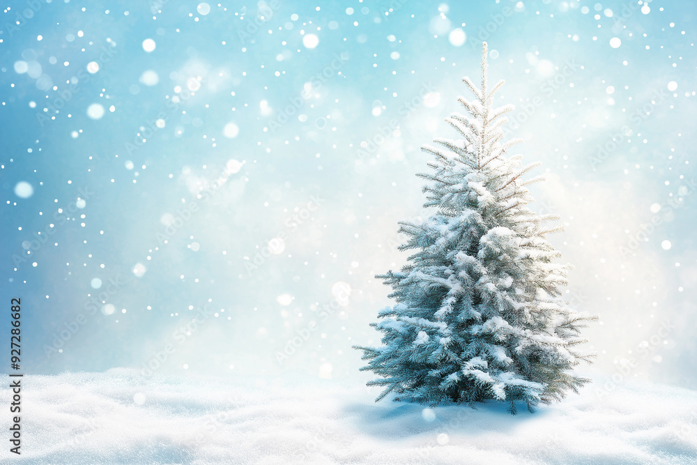 Solitary snow-covered pine tree in a serene winter landscape with soft blue sky and snowflakes falling, peaceful scene. Solitary snow-covered pine tree in a serene winter landscape with soft blue sky and snowflakes falling, peaceful scene.