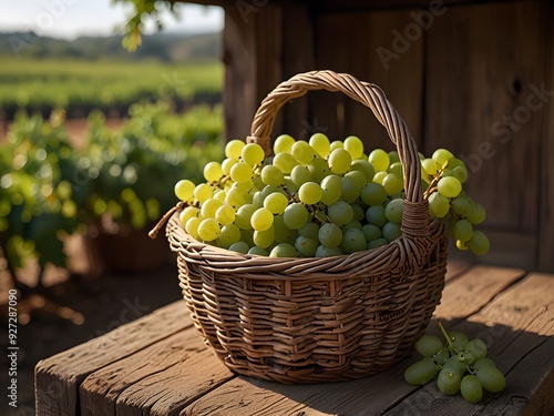 Wallpaper Mural Fresh Green Grapes in a Wicker Basket on a Rustic Wooden Table. Torontodigital.ca