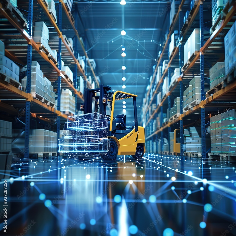Fototapeta premium A forklift navigating through a modern warehouse filled with shelves and boxes, showcasing logistics technology.