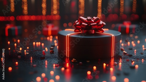 Round podium with golden neon lighting, black gift box, and red bow, set in a 3D animation style for Black Friday. photo