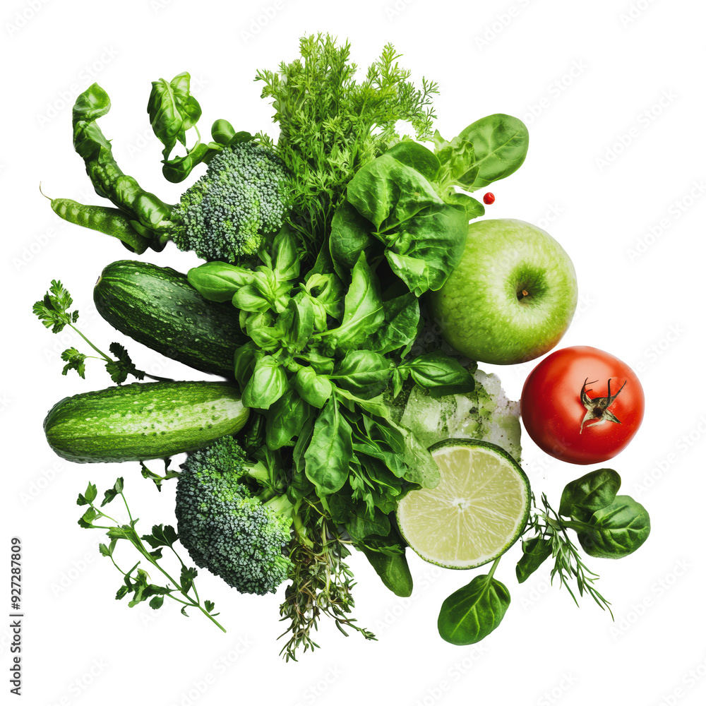 PNG Fresh vegetables and herbs on a white background
