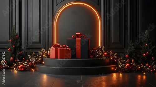 Black Friday sale podium in 3D, with golden neon lighting, black gift box, red bow, and shopping bags in a design studio. photo