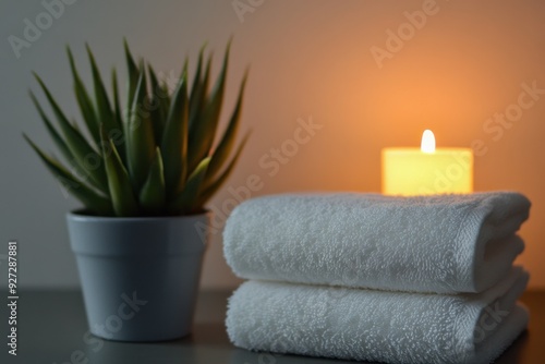 Cozy spa setup with a stack of soft white towels, a candle, and a potted plant in a tranquil setting