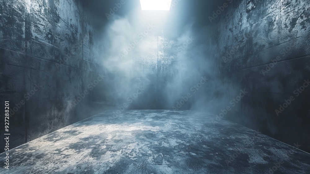 Fog-filled, empty room with metallic walls, soft light streaming from above, creating a mysterious atmosphere, ideal for abstract backgrounds and exploration. Copy space. Fog-filled, empty room with metallic walls, soft light streaming from above, creating a mysterious atmosphere, ideal for abstract backgrounds and exploration. Copy space.