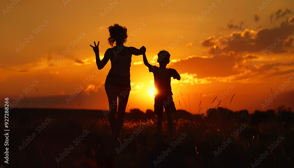 Fototapeta premium Silhouettes of a Mother and Child Against a Sunset Sky