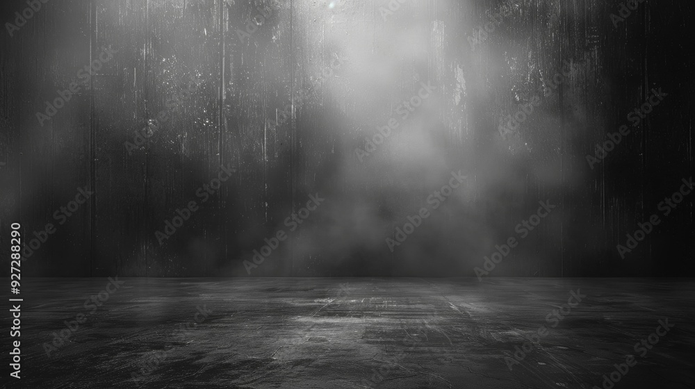 Empty dark room with thick fog covering floor, creating mysterious atmosphere, ideal for dramatic scenes or presentations, copy space. Empty dark room with thick fog covering floor, creating mysterious atmosphere, ideal for dramatic scenes or presentations, copy space.