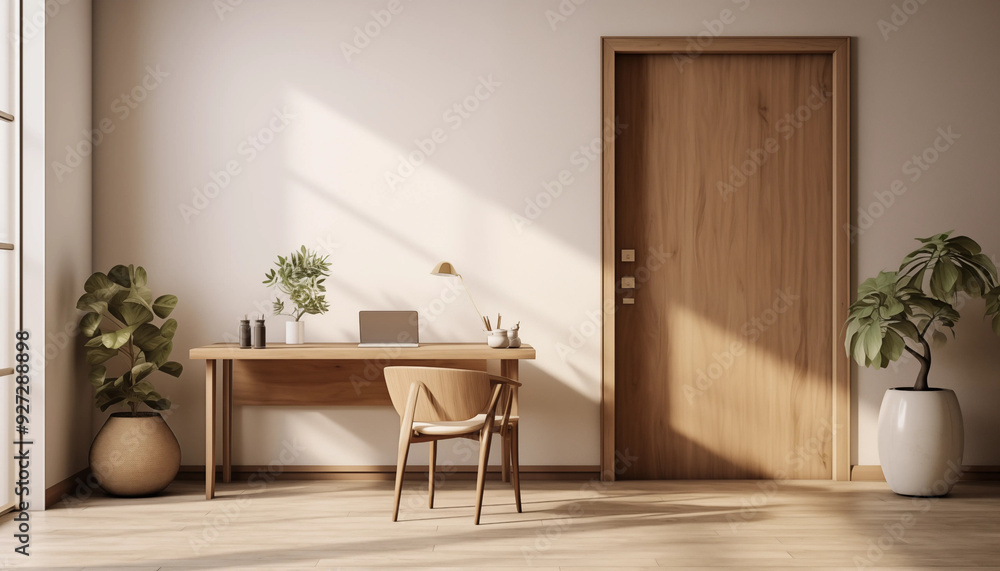 Fototapeta premium Minimalist Home Office Desk with Wooden Chair and Laptop