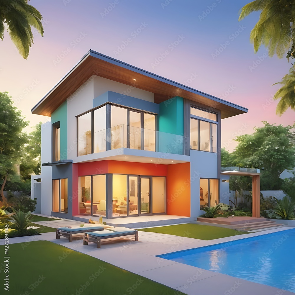 Rendering house model with bright background, luxury modern house on grass with sea view and blue sky background, modern home cross section, beautiful residential house render Rendering house model with bright background, luxury modern house on grass with sea view and blue sky background, modern home cross section, beautiful residential house render