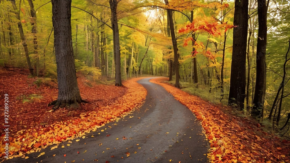 Obraz premium Autumn Path Winding Through Vibrant Woods