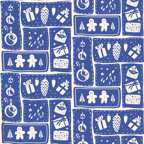 Christmas quilted seamless pattern. Bento box holiday season repeat background. Festive baubles in geometric shapes surface design. Good for packaging. Vector hand drawn illustration.