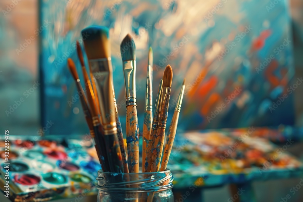Used paintbrushes in a glass jar Used paintbrushes in a glass jar