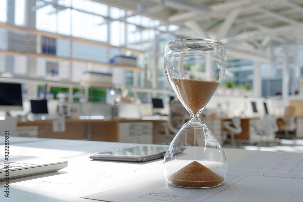 Hourglass with flowing sand on wooden business office Hourglass with flowing sand on wooden business office