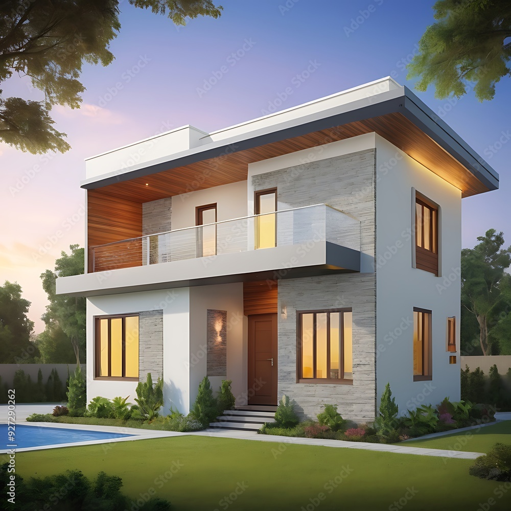 Rendering house model with bright background, luxury modern house on grass with sea view and blue sky background, modern home cross section, beautiful residential house render Rendering house model with bright background, luxury modern house on grass with sea view and blue sky background, modern home cross section, beautiful residential house render