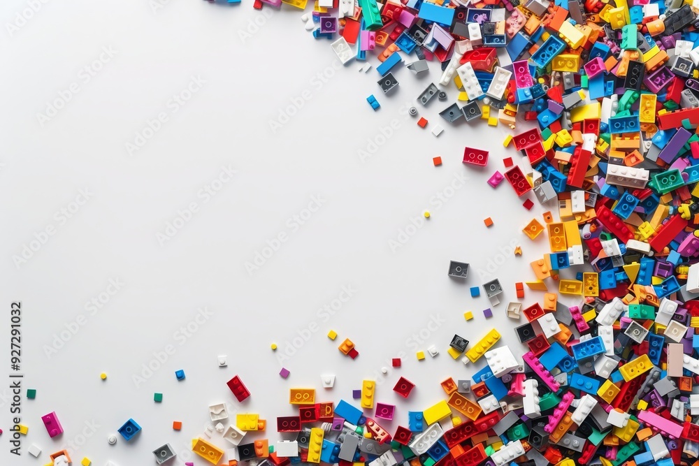 Colorful Plastic Building Blocks Scattered on White Background Colorful Plastic Building Blocks Scattered on White Background