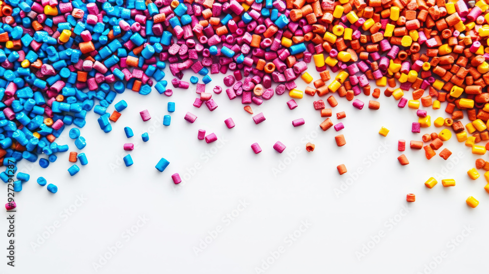 Top view of colorful polymer masterbatch granules, light background, industrial plastic template. Generative AI Top view of colorful polymer masterbatch granules, light background, industrial plastic template. Generative AI