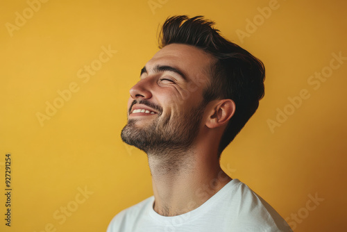 A close up of a man's face with her eyes closed