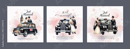 Set of Wedding card banner with Hand drawn watercolor wedding black taxi retro car and calligraphy.
