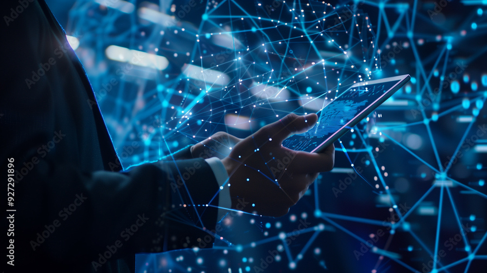 Fototapeta premium Business professionals immerse themselves in the virtual blockchain interface, with data fields surrounding their tablets