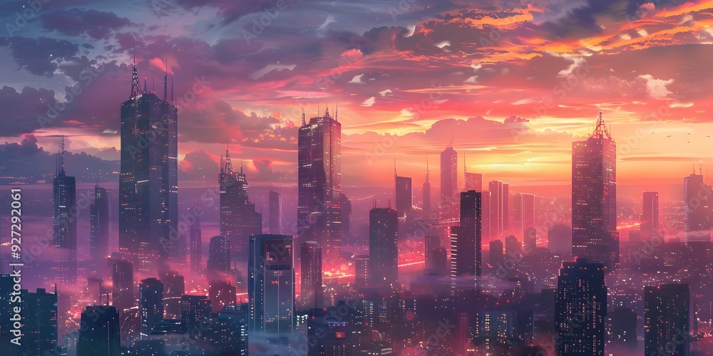 Fototapeta premium Illuminated Modern Cityscape at Sunset