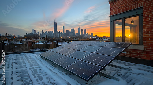 Solar Panels on Rooftop with City Skyline at Sunset - Photo