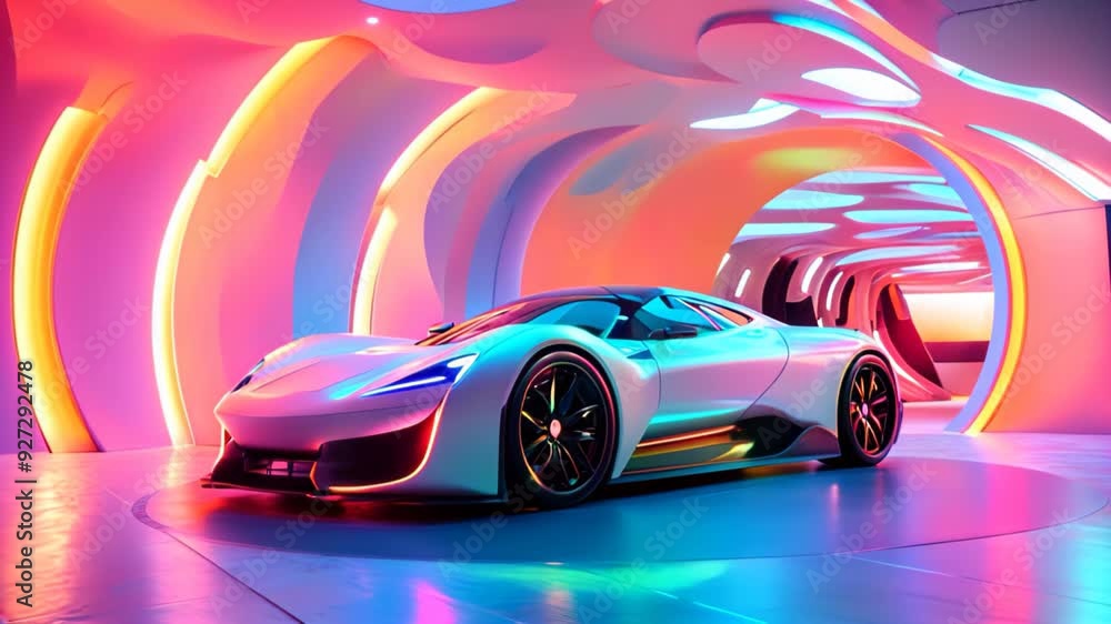 Futuristic sports car in a vibrant neon-lit tunnel with sleek curves and modern design Futuristic sports car in a vibrant neon-lit tunnel with sleek curves and modern design