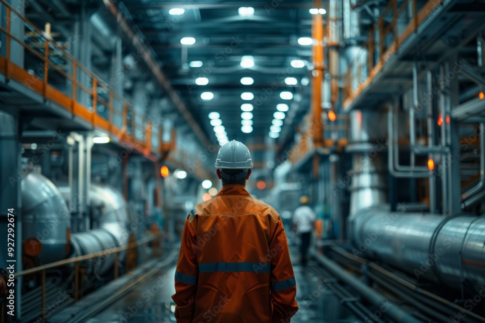 A worker observes machinery while walking through a vast industrial facility in low light A worker observes machinery while walking through a vast industrial facility in low light