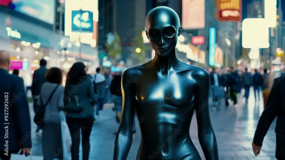 Striking black mannequin stands in Times Square amid bustling crowd at night Striking black mannequin stands in Times Square amid bustling crowd at night