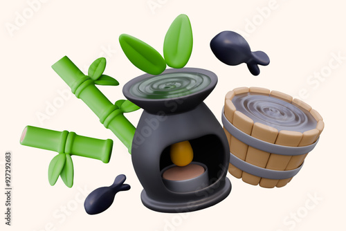 Ceramic aroma lamp with lighted candle and leaves, green bamboo, wooden bath with clean water, fish