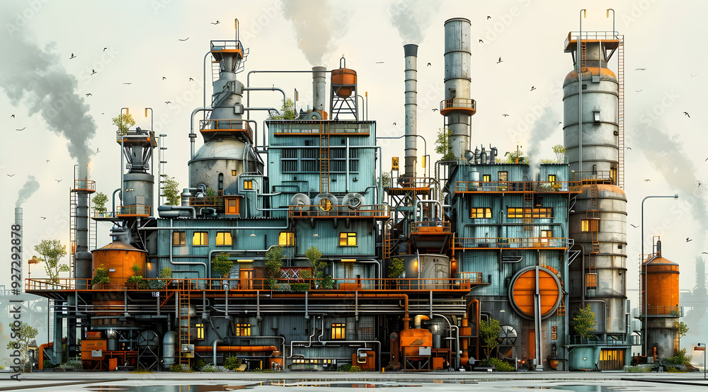 Industrial Complex Illustration with Smoke Stacks and Buildings Industrial Complex Illustration with Smoke Stacks and Buildings