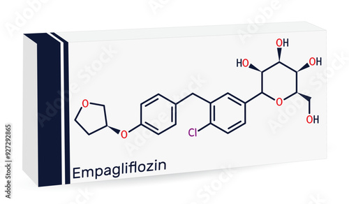 Empagliflozin molecule. It is antidiabetic medication, SGLT2 inhibitor. Skeletal chemical formula. Paper packaging for drugs