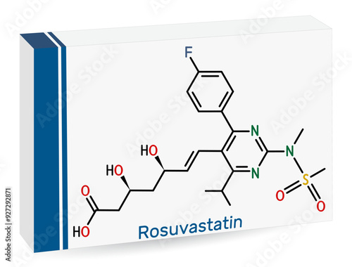 Rosuvastatin molecule. Statin, lipid-lowering drug. Sheet of paper in a cage